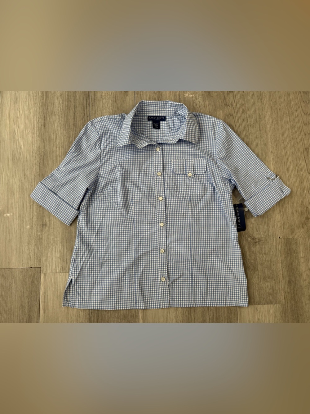 Karen Scott Petites Large Blue White Gingham Cotton Roll Tab Button-Up shirt NWT
